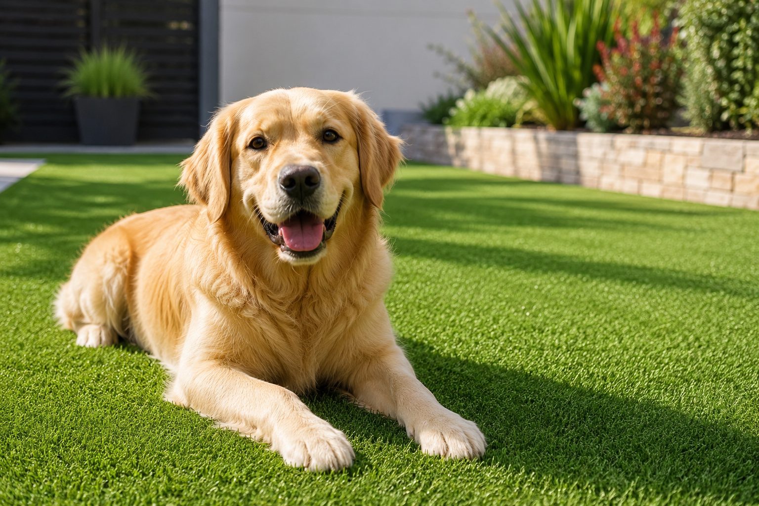 Golden retriever resting on a manicured synthetic turf lawn