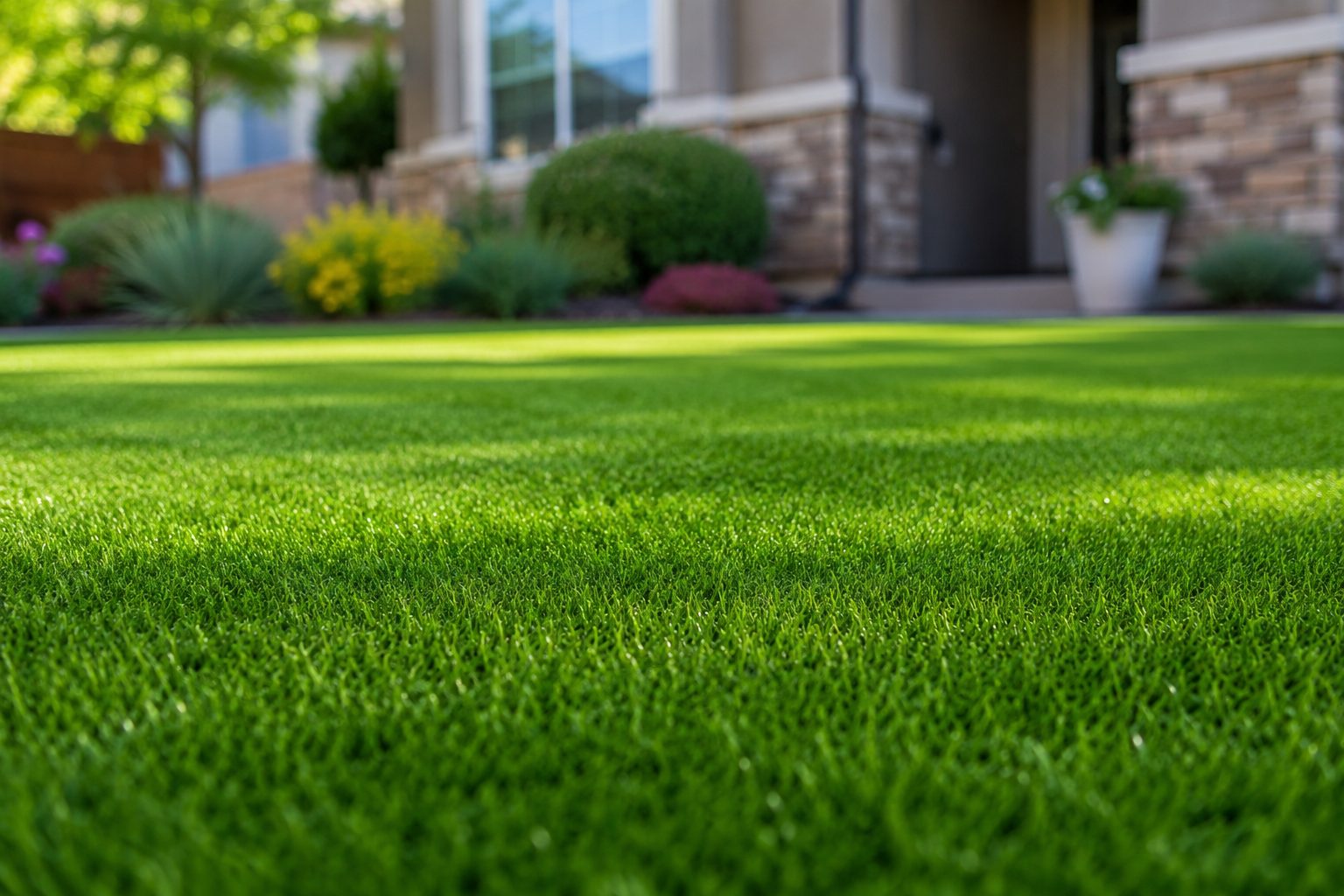 Low-angle view of a flawless synthetic turf lawn in front of a residential home