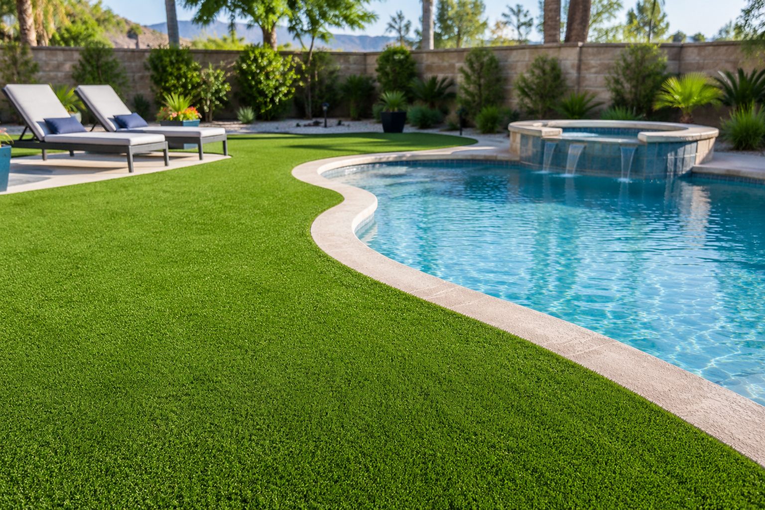 Synthetic turf running up to the coping of a backyard pool with lounge chairs